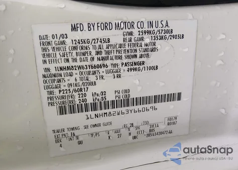 2003 Lincoln Town Car Signature from USA, damaged, VIN 1LNHM82W63Y660696